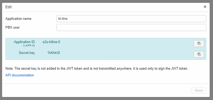 Server to Server Application details dialogue